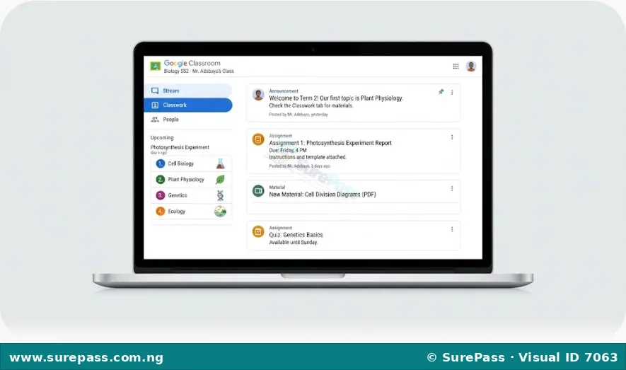 A computer screen showing the Google Classroom interface for a biology class, with assignments and announcements visible.