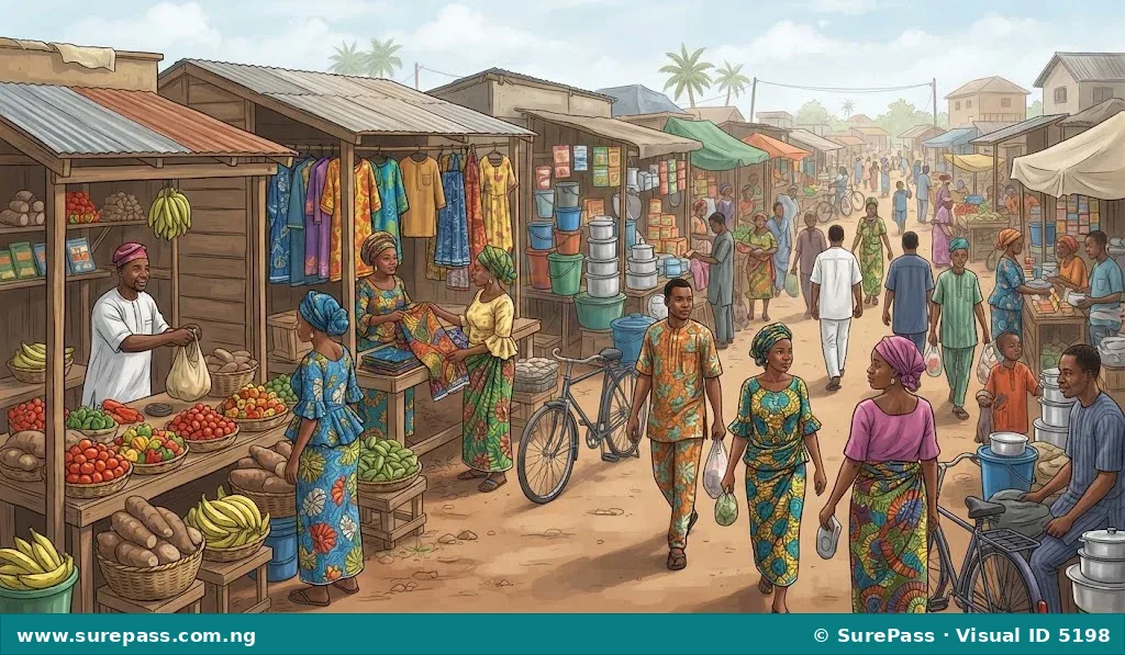A lively Nigerian market scene with people buying and selling various goods from stalls.
