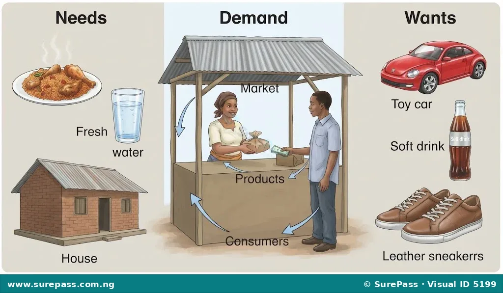 A visual representation of core marketing concepts. One section shows basic needs like food and shelter. Another shows wants like a toy and a branded drink. A central image depicts a market transaction between a vendor and a customer.