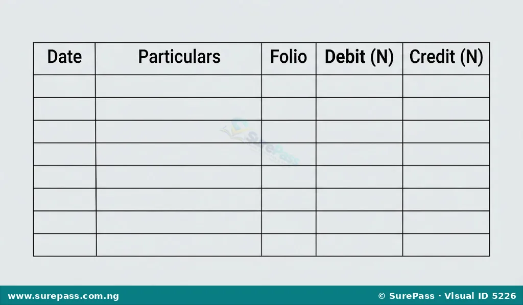 A table showing the basic format of a General Journal with columns for Date, Particulars, Folio, Debit (N), and Credit (N).