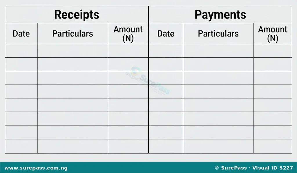 A table showing the basic format of a two-column Cash Book, divided into Receipts and Payments sections, each with columns for Date, Particulars, and Amount (N).