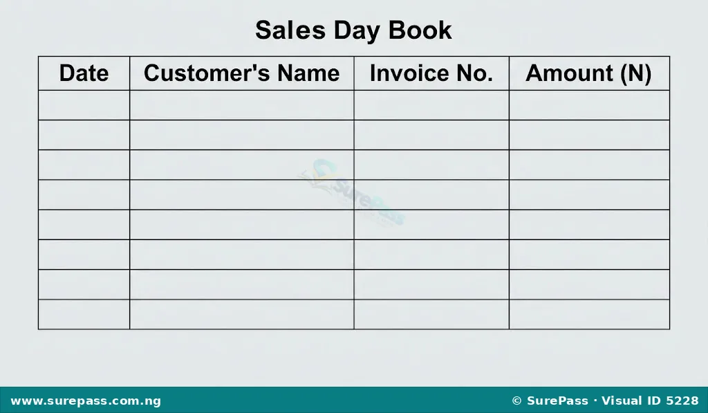 A table showing the basic format of a Sales Day Book with columns for Date, Customer's Name, Invoice No., and Amount (N).