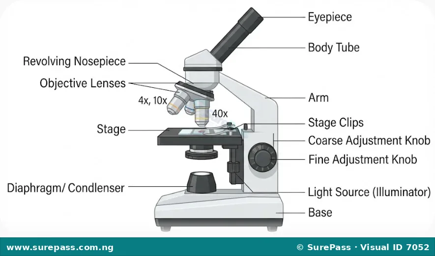 Diagram of a compound light microscope with key parts labelled.