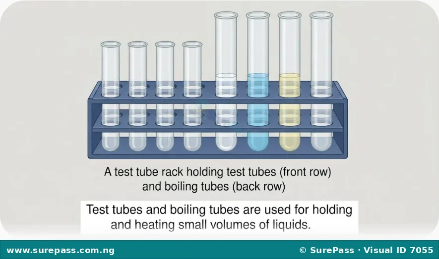 Test tubes and boiling tubes in a rack.