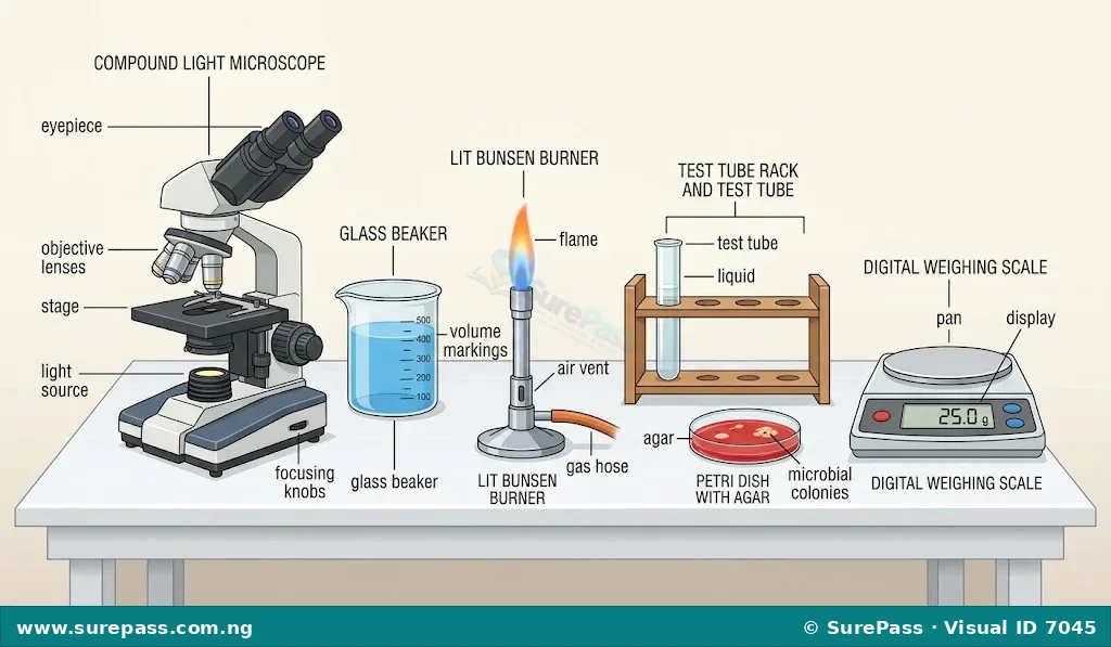 A collection of common biology laboratory equipment including a test tube, Petri dish, beaker, Bunsen burner, microscope, and weighing scale.