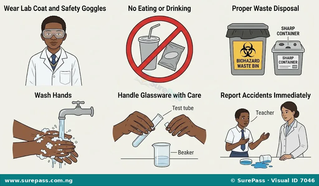Icons representing laboratory safety rules including wearing a lab coat and safety goggles, no eating or drinking, proper waste disposal, and hand washing.