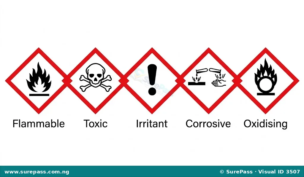Common chemical hazard symbols for flammable, toxic, irritant, corrosive, and oxidising substances.