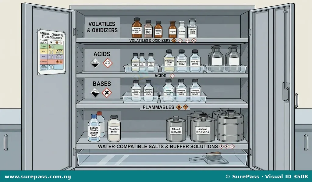 An organised chemical storage cabinet with labelled shelves for different chemical types.