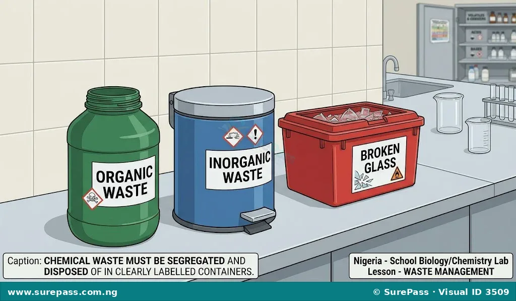 Labelled waste containers for organic waste, inorganic waste, and broken glass in a chemistry laboratory.