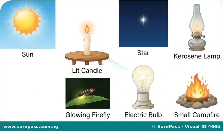 A collage of light sources including the sun, a star, a lit candle, a kerosene lamp, a firefly, an electric bulb, and a campfire.