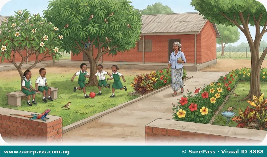 A school compound with children, trees, flowers, and small animals like birds and lizards.