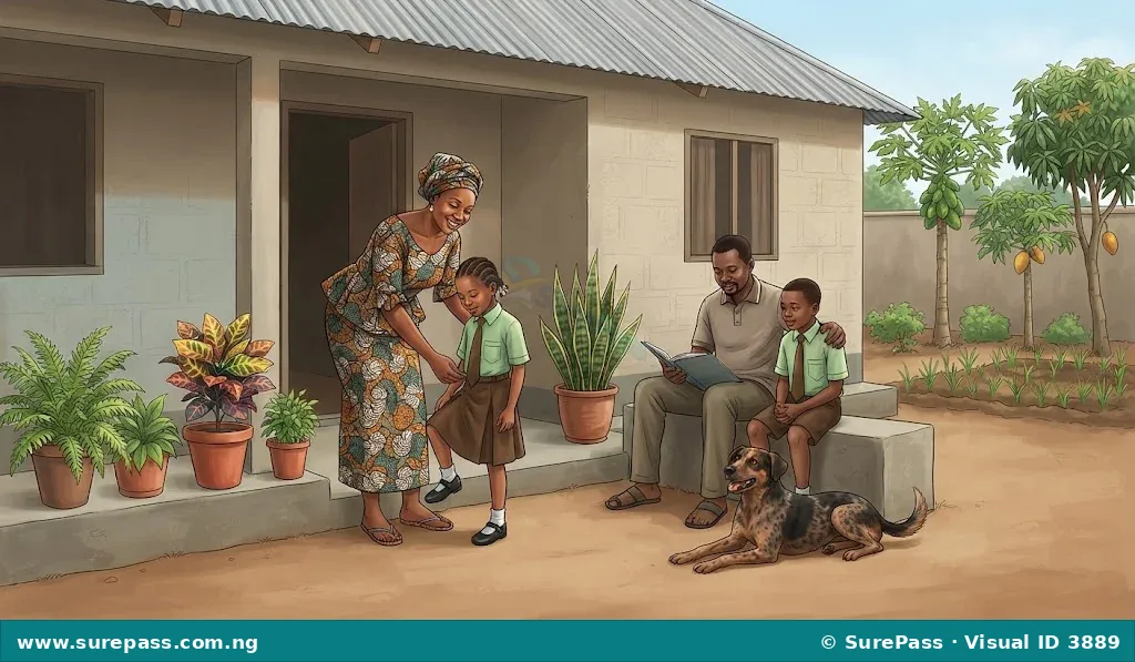 A family with a pet and houseplants in a home setting.