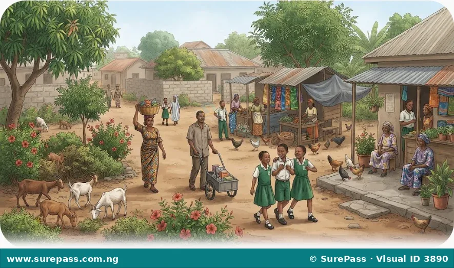 A community scene with people, domestic animals, and plants.
