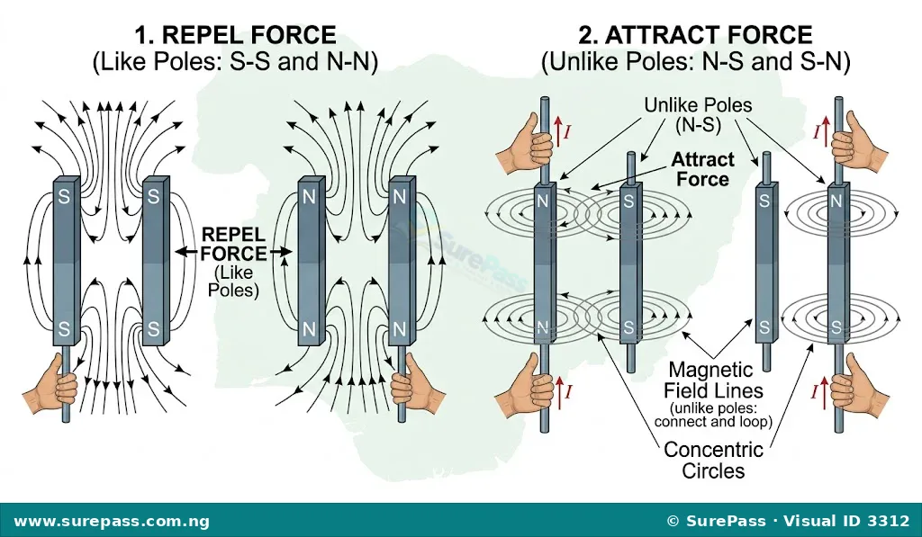 Diagram showing magnetic field lines between two attracting unlike poles of bar magnets.
