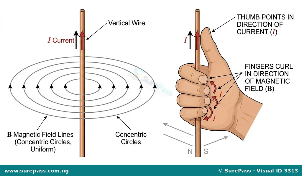 Diagram showing the magnetic field lines as concentric circles around a straight current-carrying wire, with the Right-Hand Grip Rule.