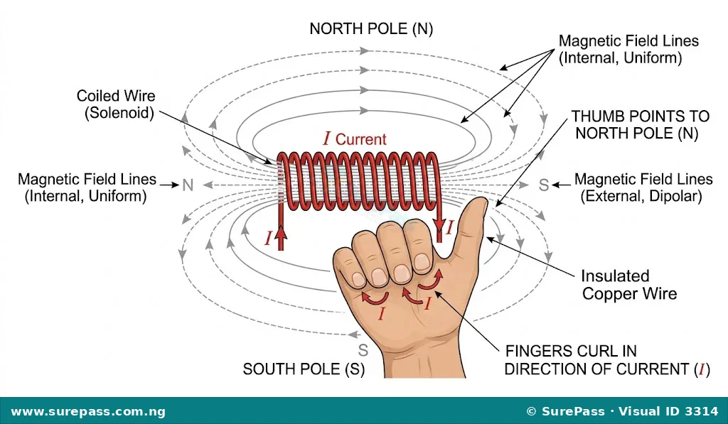 Diagram showing magnetic field lines around a solenoid with current, and the Right-Hand Grip Rule for determining its poles.