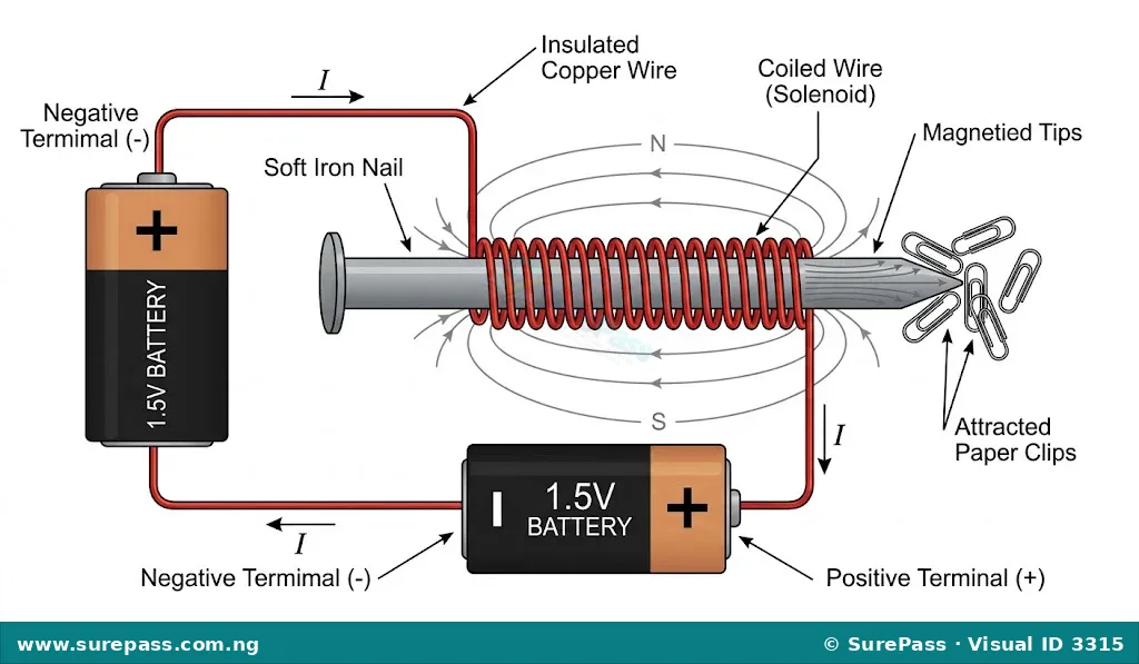 Diagram of a simple electromagnet made from a coiled wire around an iron nail connected to a battery, attracting paper clips.