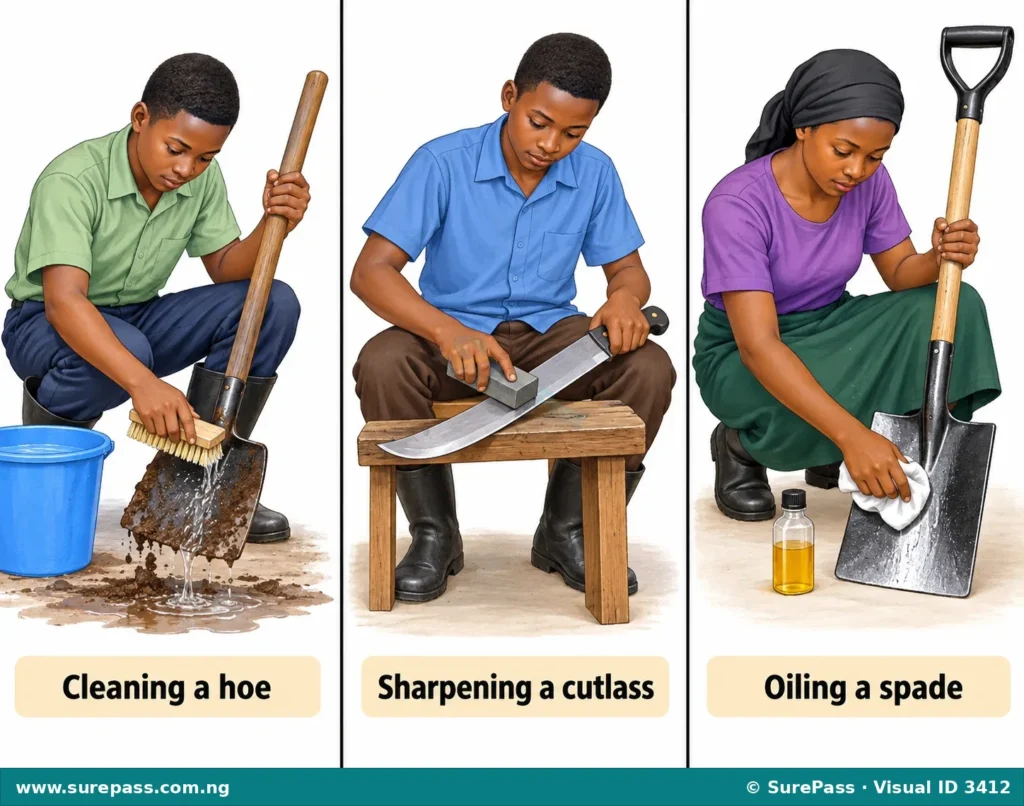 Three images showing cleaning a hoe, sharpening a cutlass, and oiling a spade.