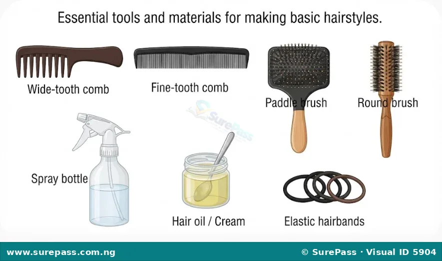 A collection of hair styling tools including combs, brushes, a spray bottle, hair oil, and elastic bands.