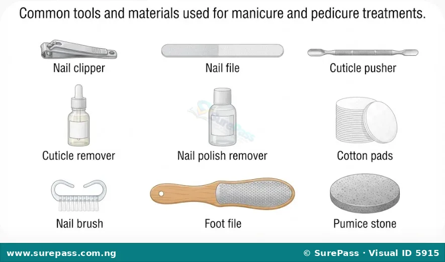 A set of manicure and pedicure tools including nail clippers, nail file, cuticle pusher, cuticle remover, nail polish remover, cotton pads, nail brush, foot file, and pumice stone.