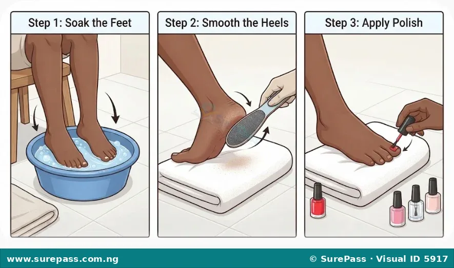 Three images showing pedicure steps - soaking feet, filing rough skin on the heel, and applying toenail polish.