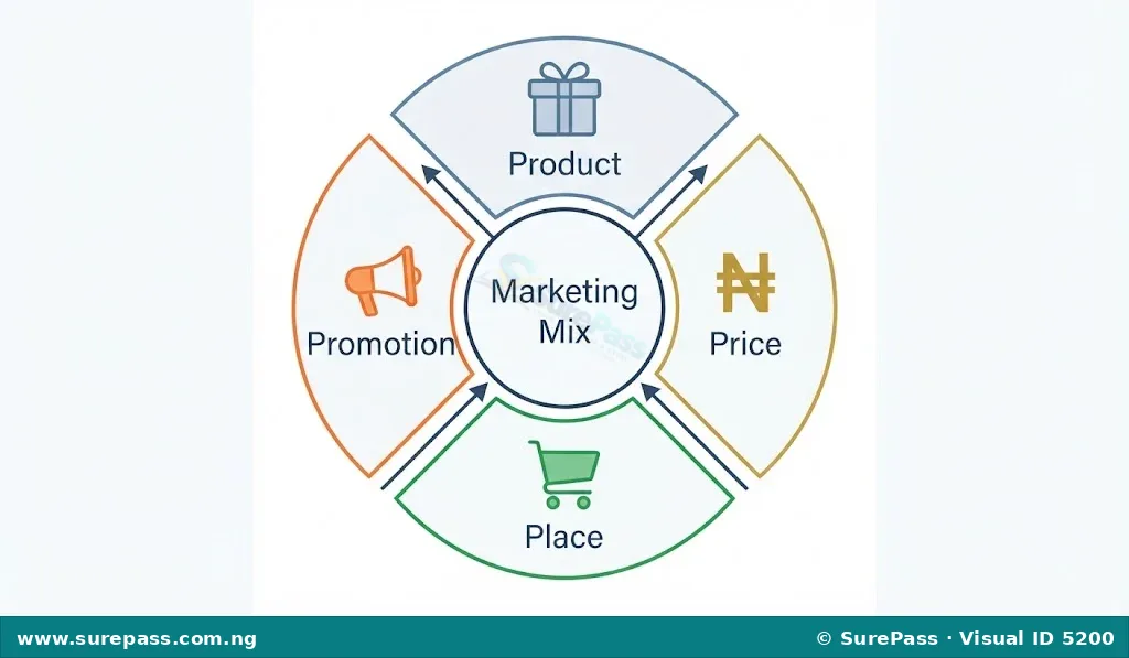 Diagram illustrating the Marketing Mix with four interconnected elements: Product, Price, Place, and Promotion.