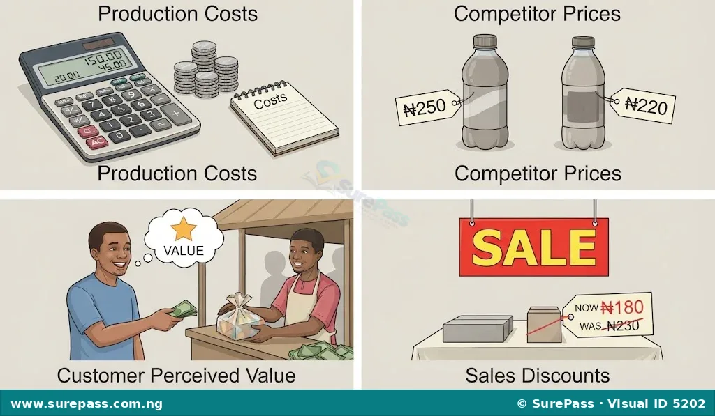 Illustration showing factors influencing price, including production costs, competitor prices, customer perceived value, and sales discounts.