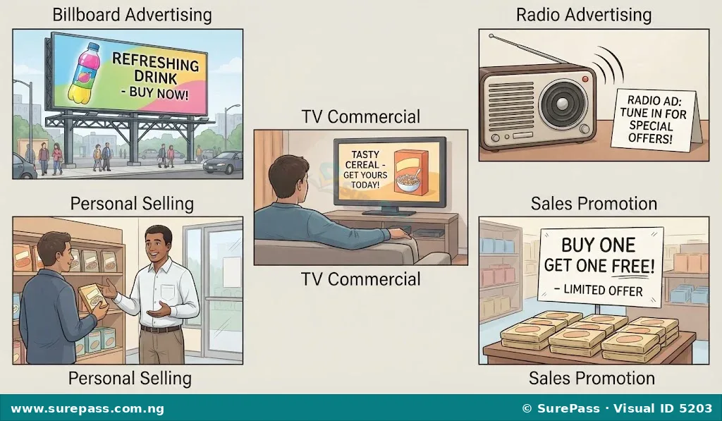 Collage illustrating various promotion methods: billboard advertising, radio ad, TV commercial, personal selling, and a sales promotion sign.