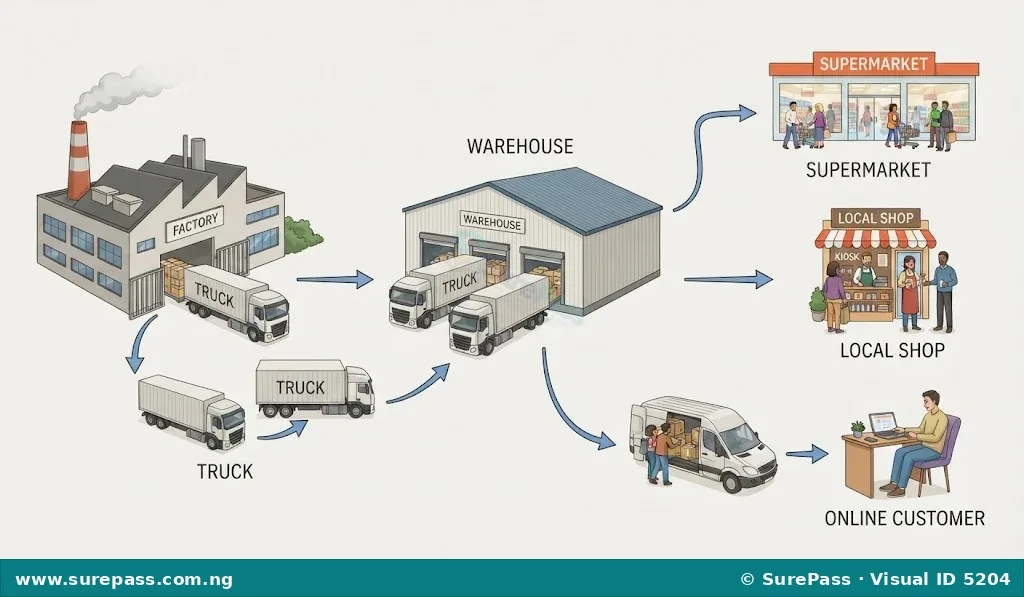 Illustration depicting various distribution channels from a factory to a warehouse, then to a supermarket, a local shop, and an online store, showing how products reach customers.