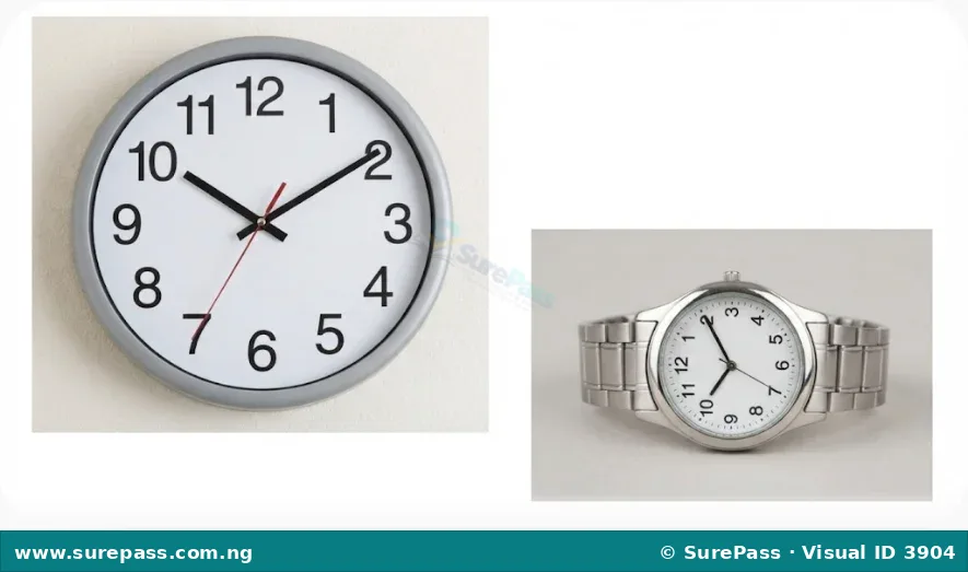 A wall clock and a wrist watch, common devices for telling time.