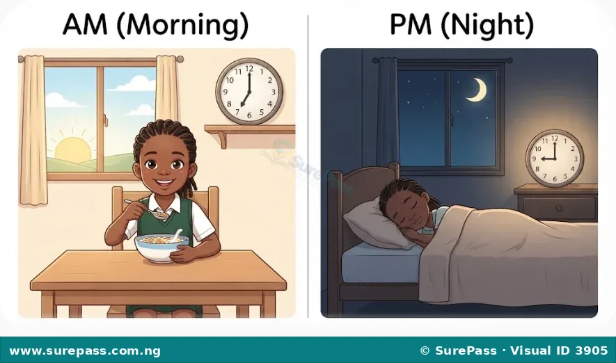 A split image showing morning activities (AM) and night activities (PM).
