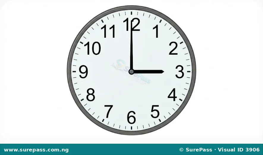 An analog clock showing 3 o'clock.