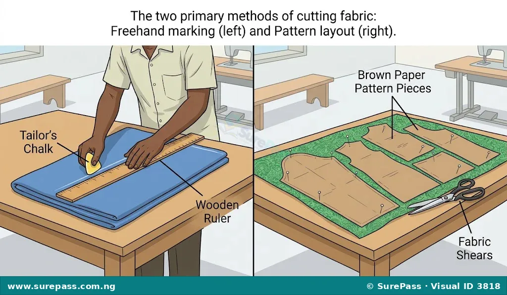 A comparison showing freehand chalk marking on fabric on the left, and paper patterns pinned to fabric on the right.