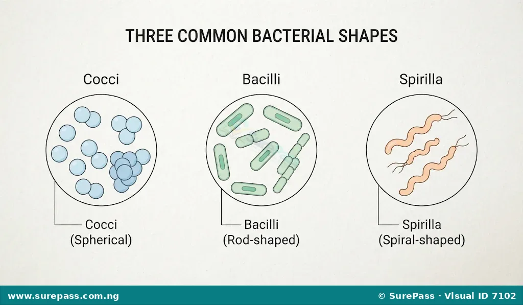 Diagram showing three common shapes of bacteria: cocci (spherical), bacilli (rod-shaped), and spirilla (spiral).