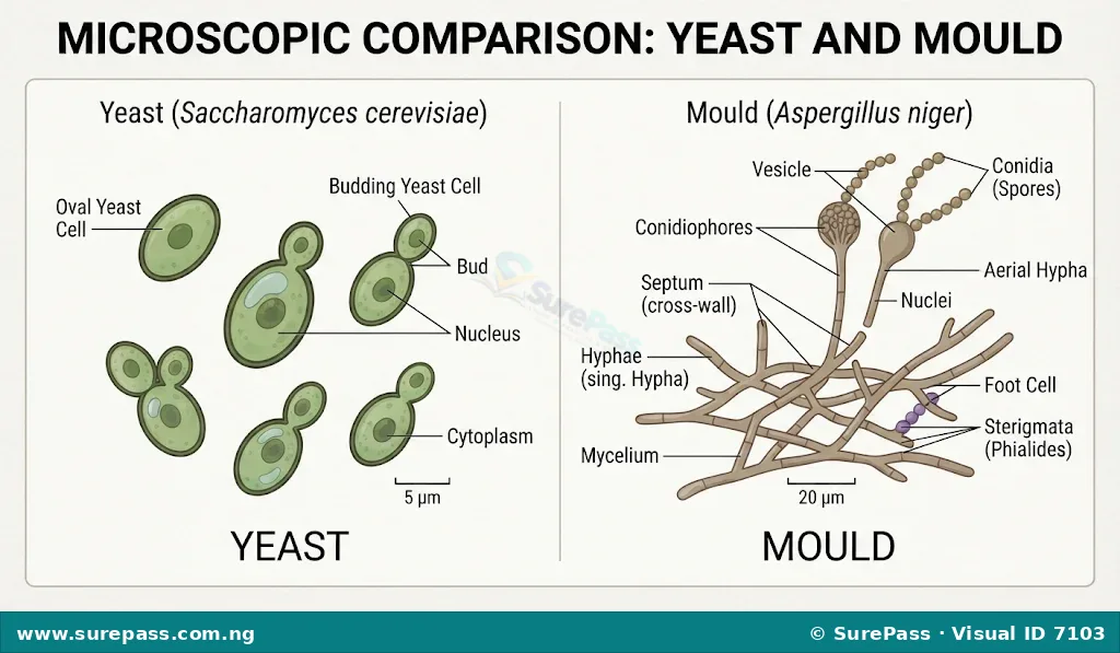 Microscopic image showing yeast cells budding and mould with filamentous structures.