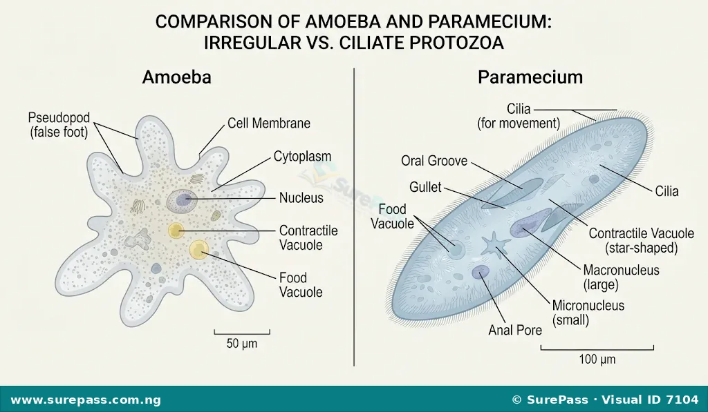 Diagram showing an Amoeba with its irregular shape and pseudopods, and a Paramecium with its slipper-like shape and cilia.