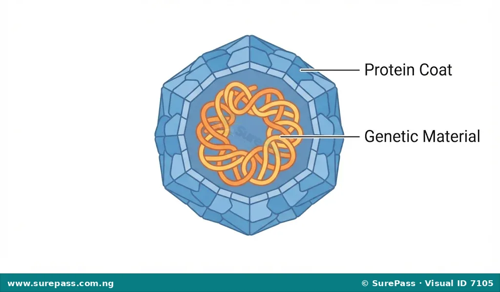 Simplified diagram of a virus, showing its genetic material inside a protein coat.