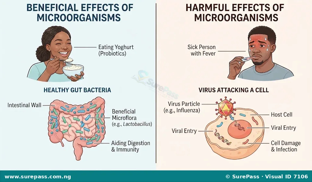 Illustration showing beneficial effects like gut bacteria aiding digestion and harmful effects like a person suffering from a viral infection.