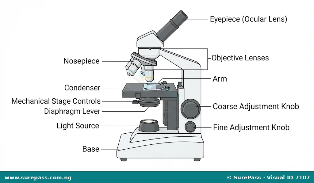 Diagram of a compound microscope with its main parts labelled.