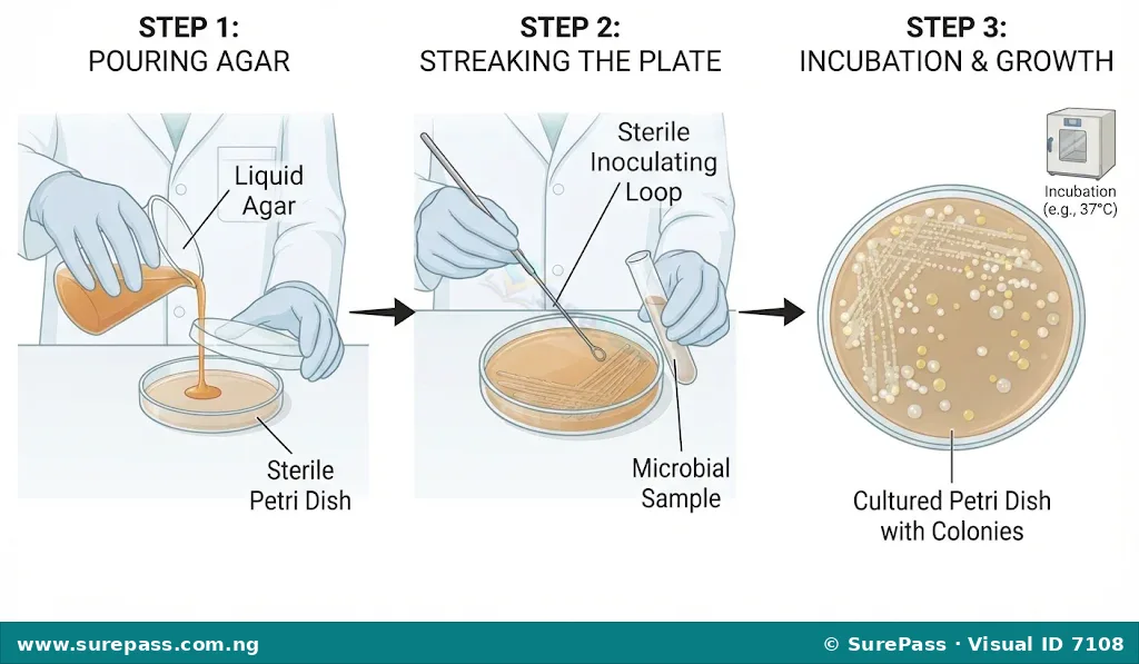 Three-step illustration of culturing microorganisms, showing pouring agar, streaking a sample, and observing bacterial growth in a Petri dish.