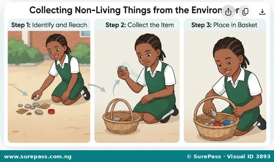 A child collecting small stones and dry leaves into a basket.