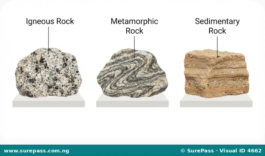 Three rock samples labelled Igneous, Metamorphic, and Sedimentary, showing their typical appearances.