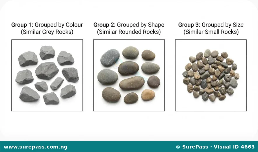 Rocks grouped by colour, shape, and size. One group shows grey rocks, another shows rounded rocks, and a third shows small rocks.