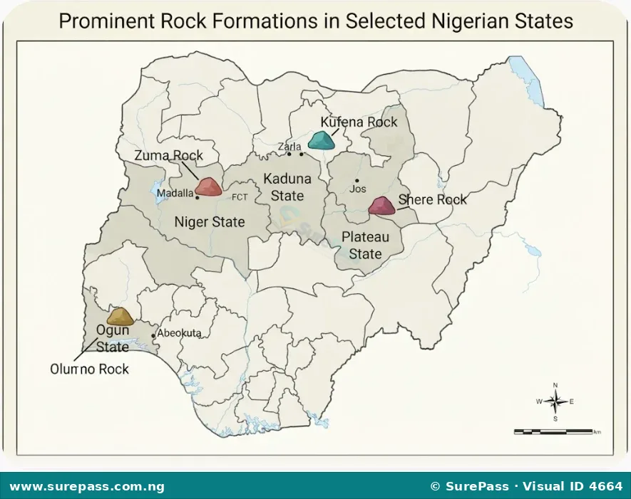 A regional map of Nigeria showing the locations of Zuma Rock in Niger State, Shere Rock in Plateau State, Olumo Rock in Ogun State, and Kufena Rock in Kaduna State.