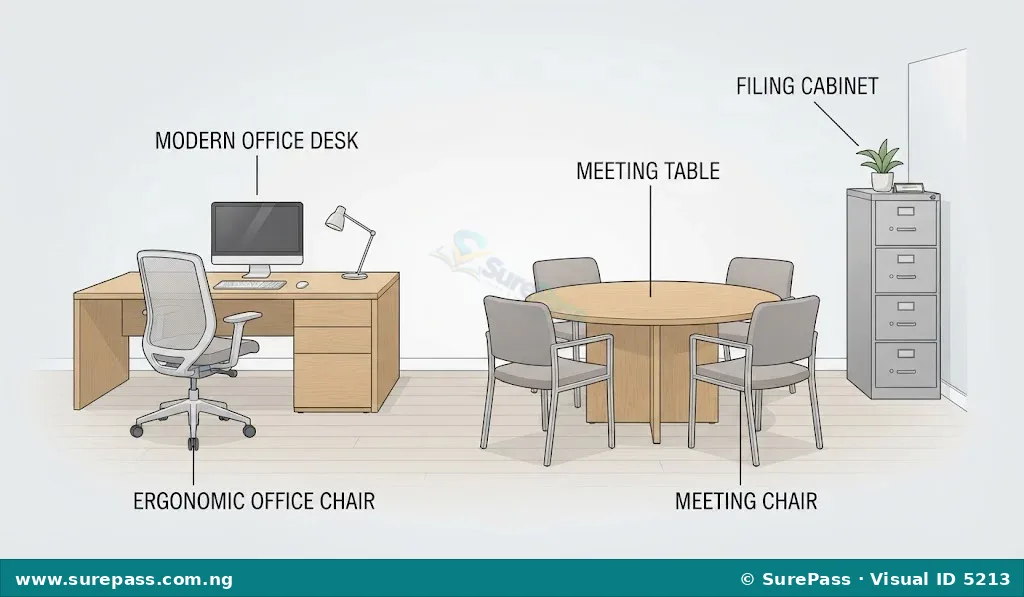Office furniture including a desk, chair, meeting table, and filing cabinet.
