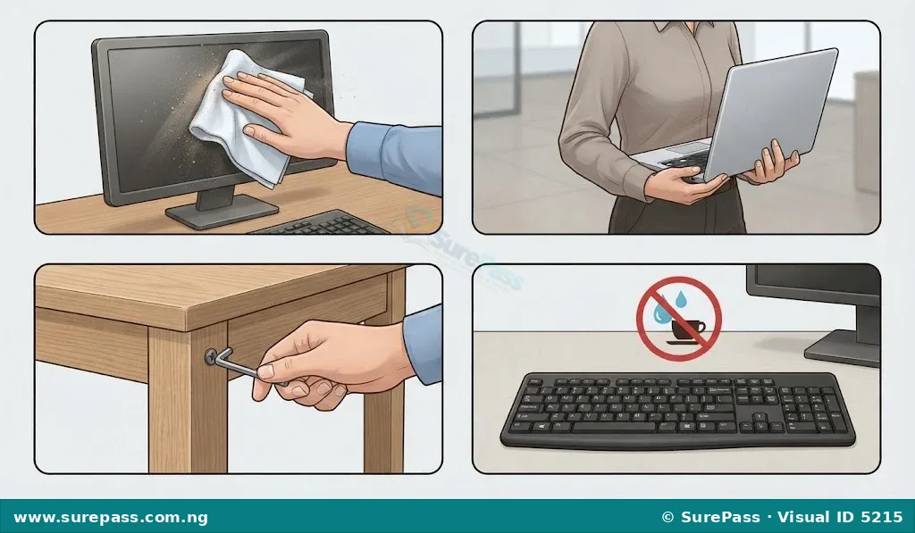 Illustrations of cleaning a computer, carefully carrying a laptop, tightening a desk screw, and avoiding spills near a keyboard, representing office equipment care.