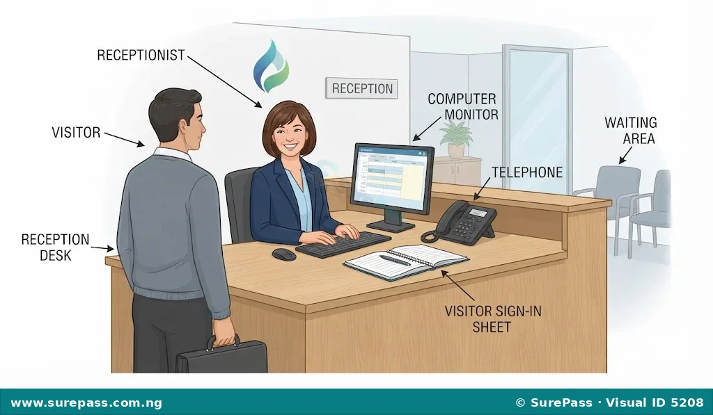 A receptionist greeting a visitor at a reception desk.