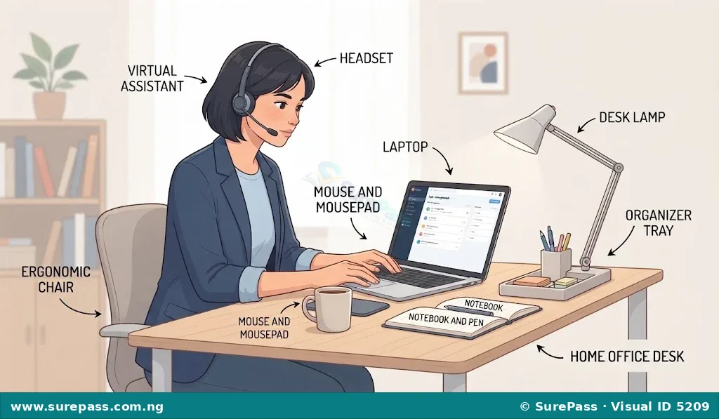 A virtual assistant working on a laptop from a home office.