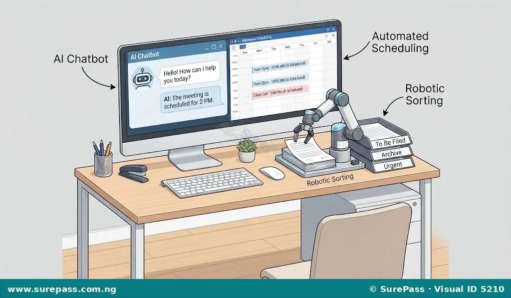 Diagram showing AI chatbot, automated scheduling, and a robot arm sorting documents in an office.