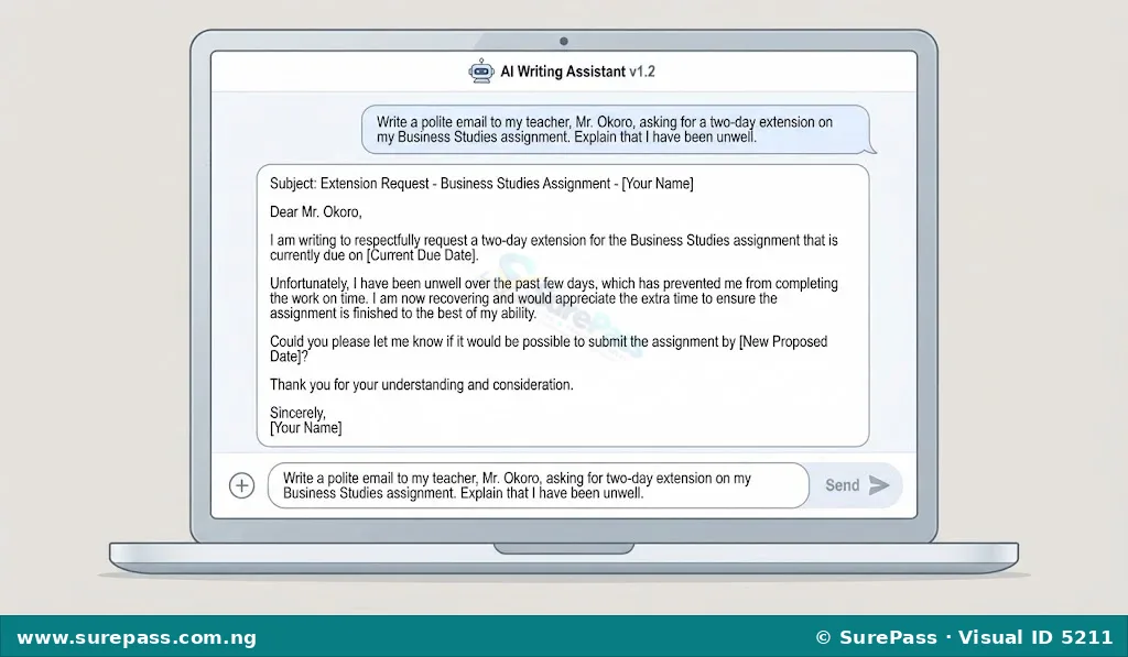 A screenshot of an AI chatbot interface showing a prompt and a generated email draft.